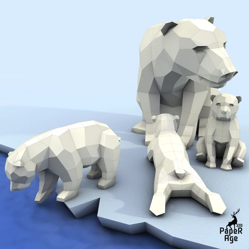 Polar Bear, little bear, Polar Bear, Papercraft, Pepakura, Lowpoly Low Polygon 3D Papercraft handmade Paper Sculptures DIY origami Design