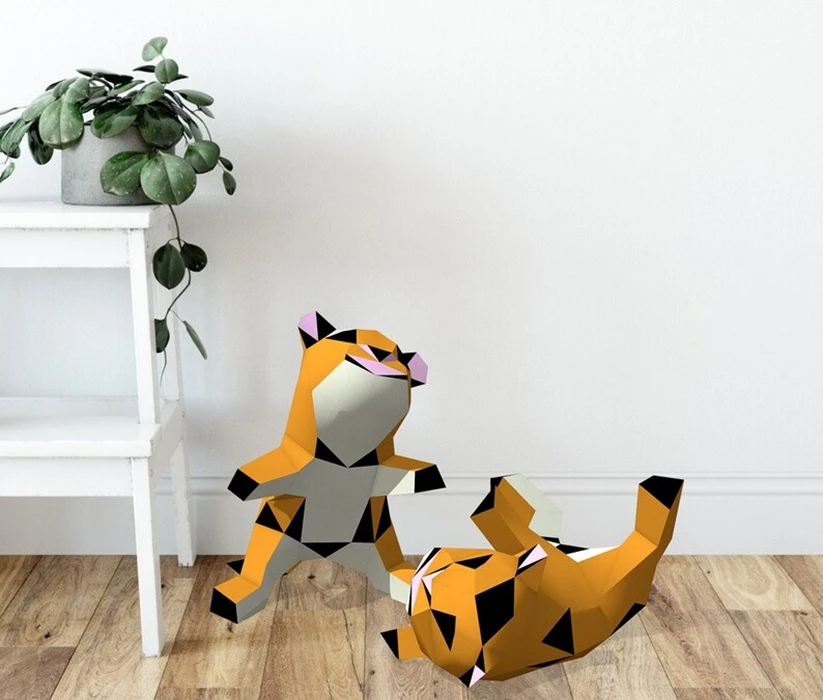 Baby Tiger, Tiger siblings wrestling 3D papercraft. You get a PDF digital file templates and instruction for this DIY paper decoration.