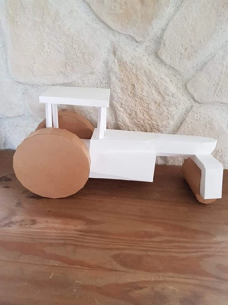 Tractor 3D Papercraft. From Wooden Toy series, Lowpoly Paper, PDF digital file template and instructions, DIY sculpture.