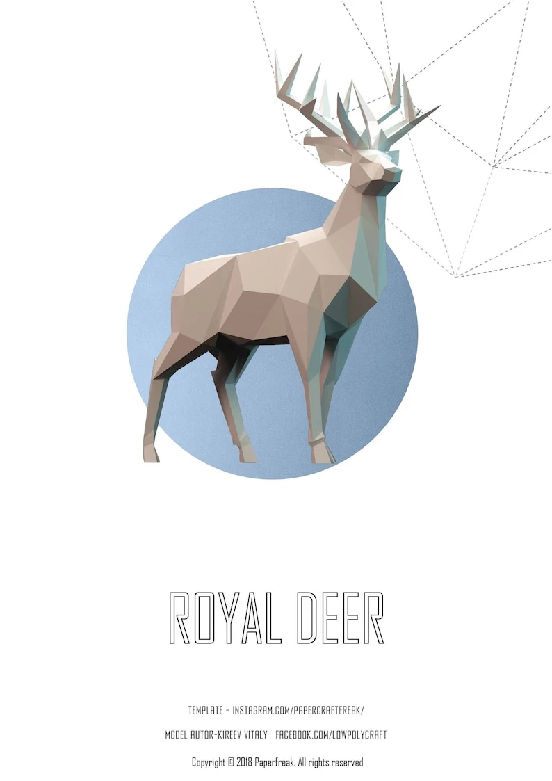 Papercraft 3D ROYAL DEER pepakura Pdf paperfreak template Low Poly Paper Sculpture pattern gift Decor Christmas polygonal new year animal