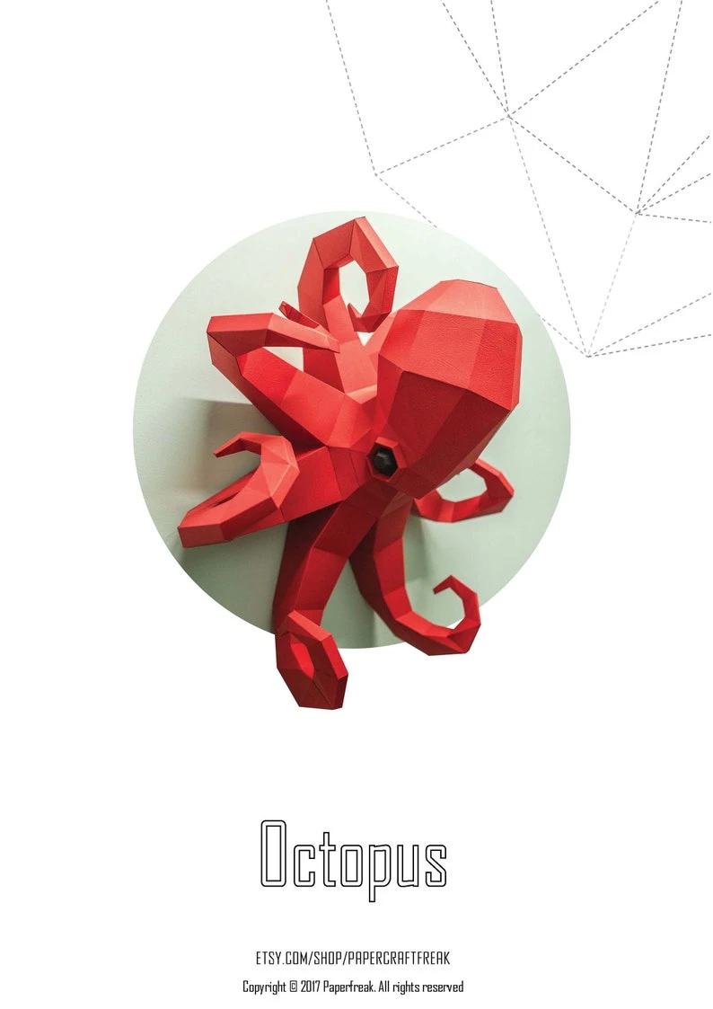 Papercraft OCTOPUS 3D Pepakura sea creatures paperfreak low poly sculpture DIY wall decor for halloween party decor pattern template paper