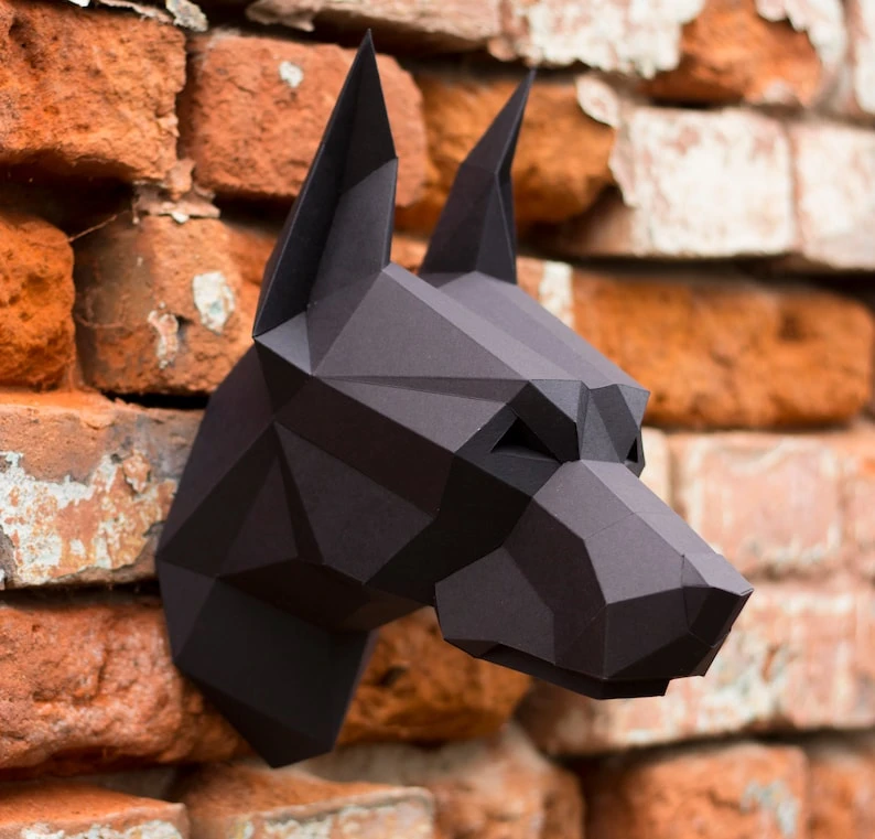 Papercraft 3D DOBERMAN NEW head pepakura pdf template Low polygonal Paper Sculpture Diy gift Decor home office animal trophy art