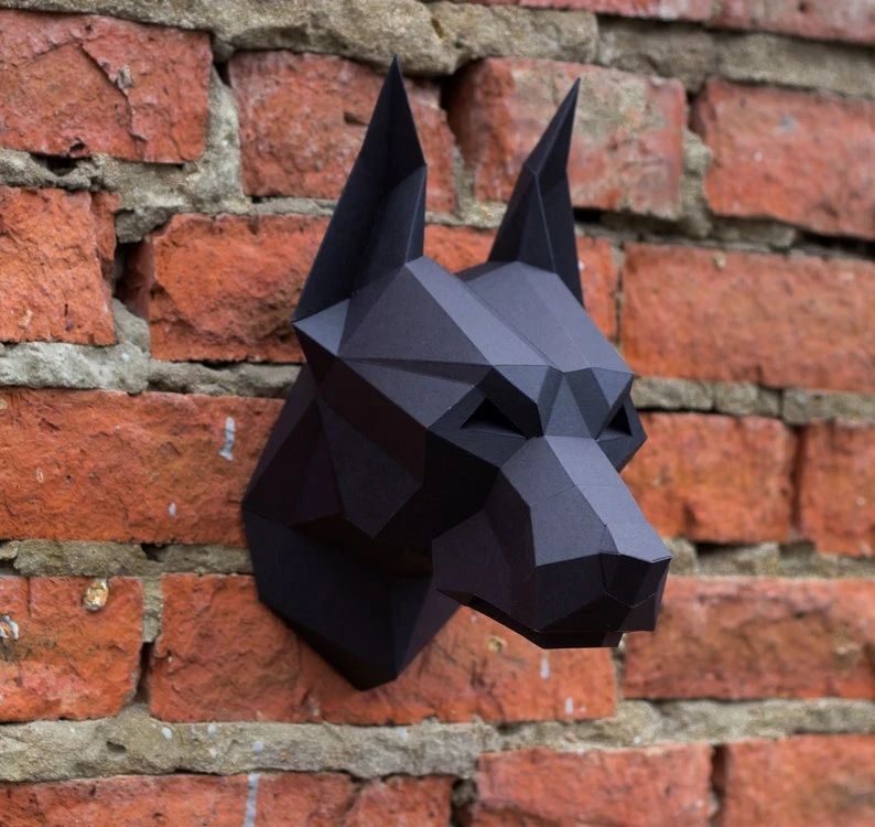 Papercraft 3D DOBERMAN NEW head pepakura pdf template Low polygonal Paper Sculpture Diy gift Decor home office animal trophy art