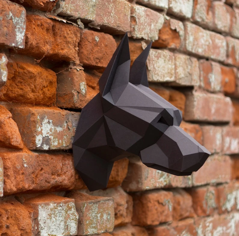 Papercraft 3D DOBERMAN NEW head pepakura pdf template Low polygonal Paper Sculpture Diy gift Decor home office animal trophy art