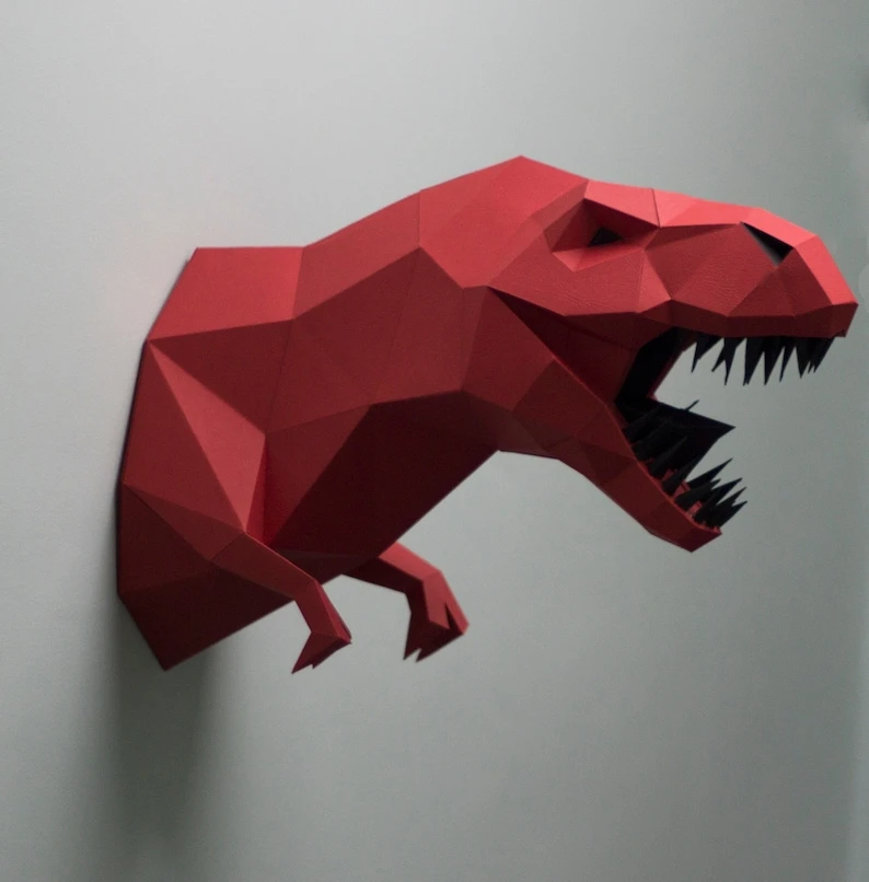 Papercraft dinosaur T-REX head TYRANNOSAURUS 3D Low Poly Paper sculpture DIY gift Decor home office pepakura pattern template jurassic park