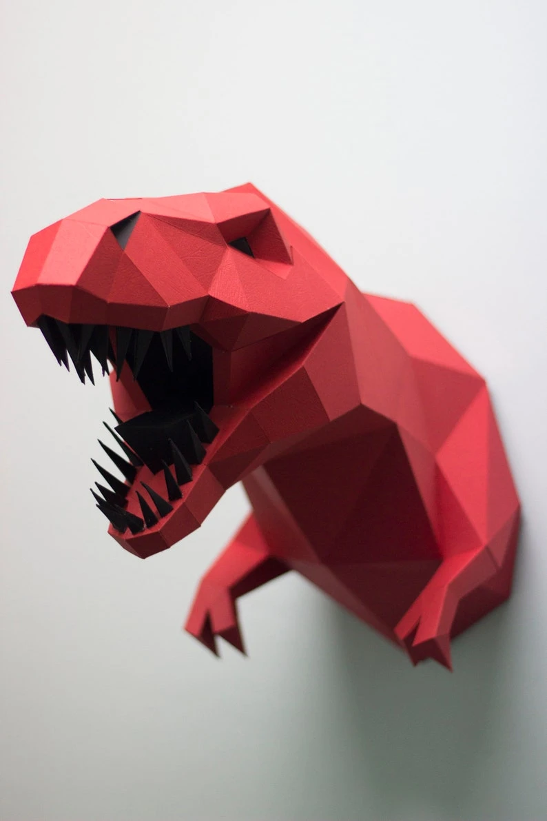 Papercraft dinosaur T-REX head TYRANNOSAURUS 3D Low Poly Paper sculpture DIY gift Decor home office pepakura pattern template jurassic park