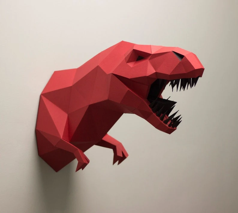 Papercraft dinosaur T-REX head TYRANNOSAURUS 3D Low Poly Paper sculpture DIY gift Decor home office pepakura pattern template jurassic park