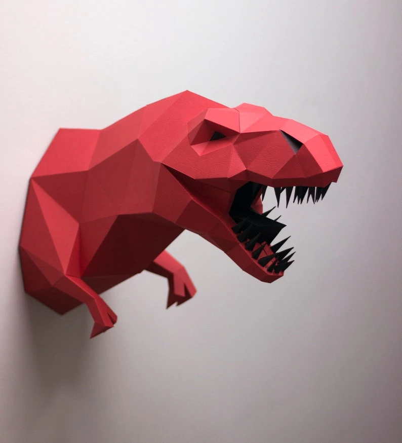 Papercraft dinosaur T-REX head TYRANNOSAURUS 3D Low Poly Paper sculpture DIY gift Decor home office pepakura pattern template jurassic park