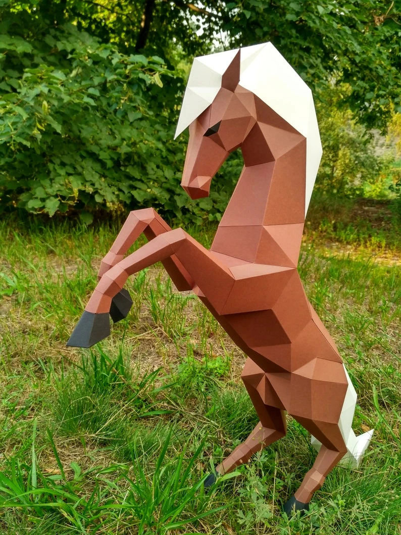 Papercraft 3D rearing HORSE Low Poly Paper Sculpture DIY gift Decor for home nursery office pepakura pattern template handmade kids animals