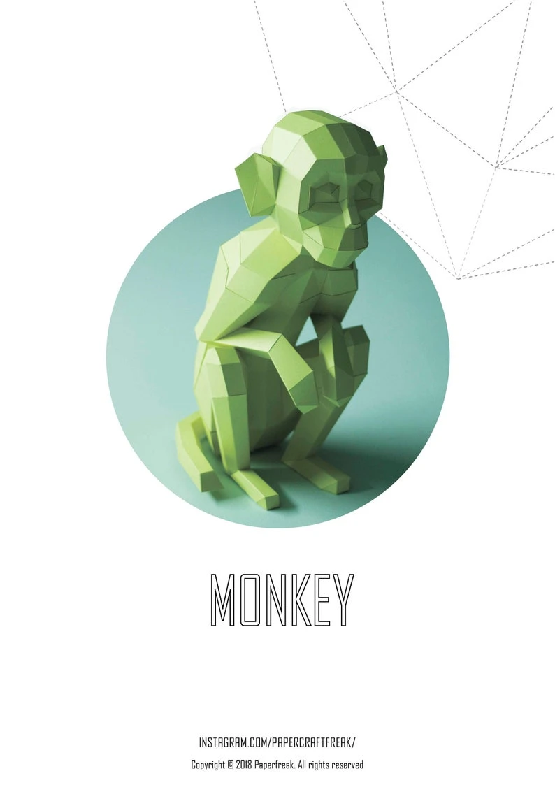 Papercraft 3D MONKEY APE Low Poly Paper Sculpture DIY gift Decor for home nursery office pepakura pattern template handmade kids animals