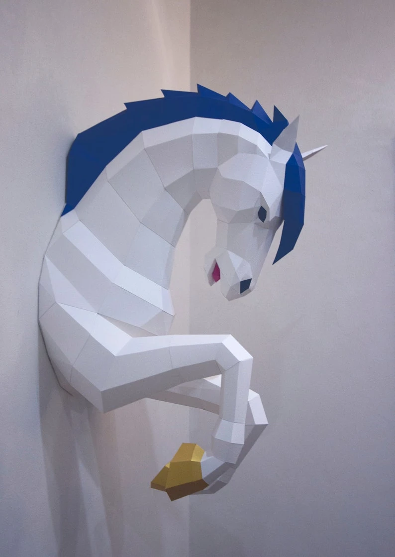 Papercraft 3D UNICORN HORSE Out Of wall Low Poly Paper Sculpture DIY gift Decor home nursery pepakura pattern template handmade kids animals