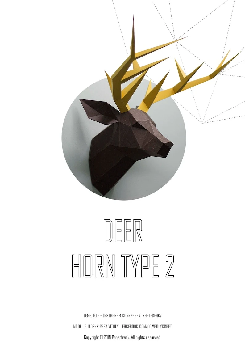 Papercraft 3D DEER HEAD horns TYPE2 pepakura PDF template Low Poly Paper Sculpture DiY gift Decor for crismass pattern polygonal anmals