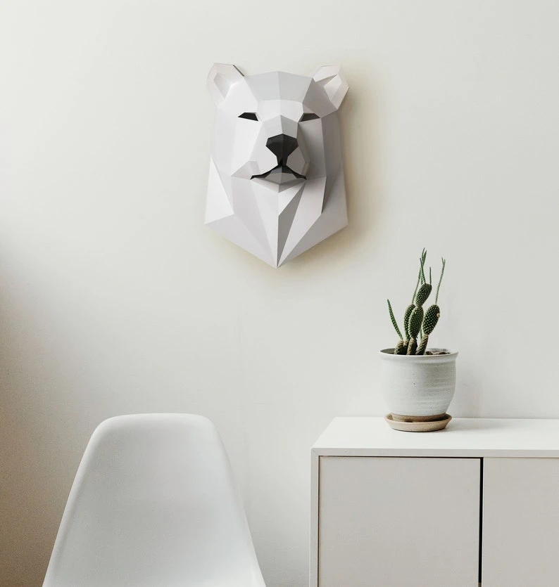 Papercraft 3D BEAR HEAD pepakura Low Poly Paper Sculpture DIY gift Decor for home and office pattern template animal trophy polygonal