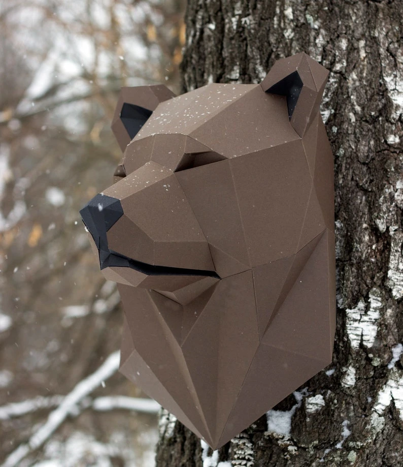 Papercraft 3D BEAR HEAD pepakura Low Poly Paper Sculpture DIY gift Decor for home and office pattern template animal trophy polygonal