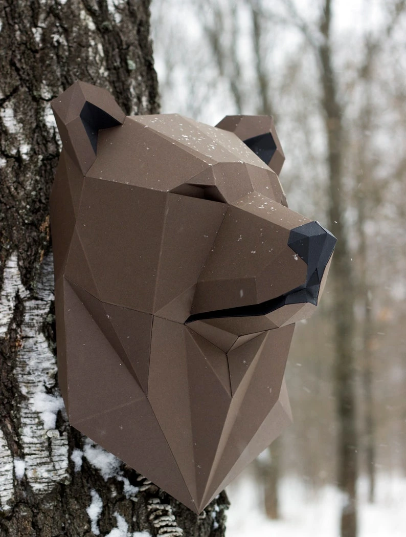 Papercraft 3D BEAR HEAD pepakura Low Poly Paper Sculpture DIY gift Decor for home and office pattern template animal trophy polygonal