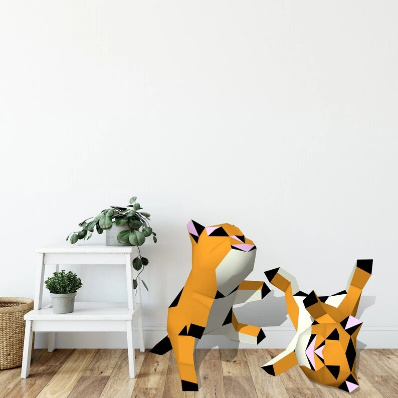 Baby Tiger, Tiger siblings wrestling 3D papercraft. You get a PDF digital file templates and instruction for this DIY paper decoration.