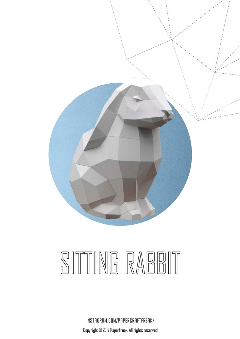 Papercraft 3d SITTING RABBIT BUNNY 3D Low Poly Paper Sculpture DiY gift Decor home office pepakura pattern template handmade animals dog