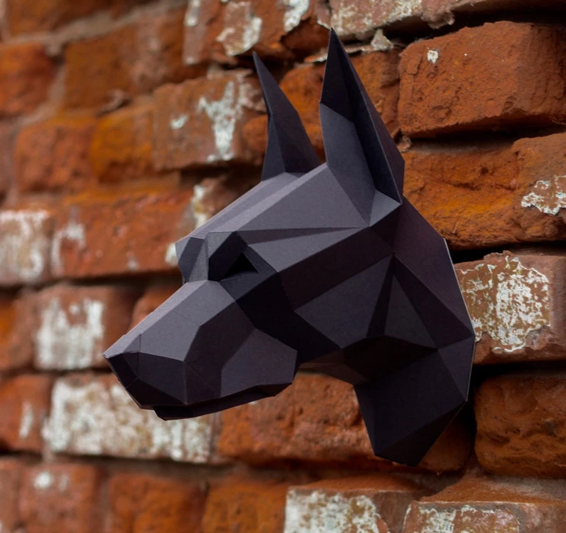 Papercraft 3D DOBERMAN NEW head pepakura pdf template Low polygonal Paper Sculpture Diy gift Decor home office animal trophy art