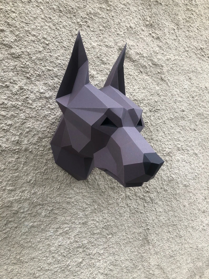 Papercraft 3D DOBERMAN NEW head pepakura pdf template Low polygonal Paper Sculpture Diy gift Decor home office animal trophy art