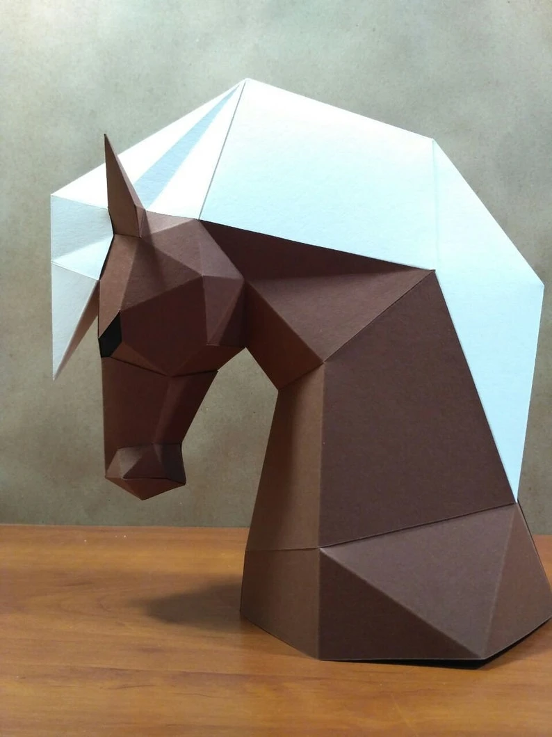 Papercraft 3D rearing HORSE Low Poly Paper Sculpture DIY gift Decor for home nursery office pepakura pattern template handmade kids animals