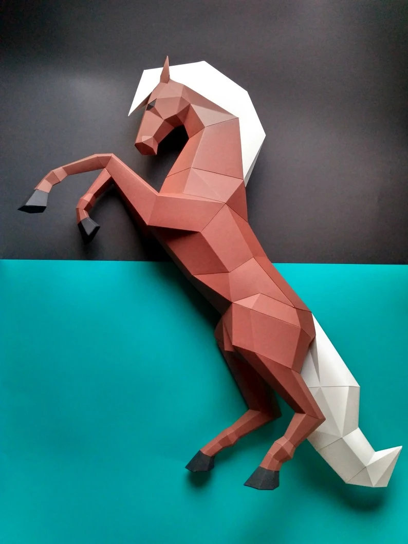 Papercraft 3D rearing HORSE Low Poly Paper Sculpture DIY gift Decor for home nursery office pepakura pattern template handmade kids animals