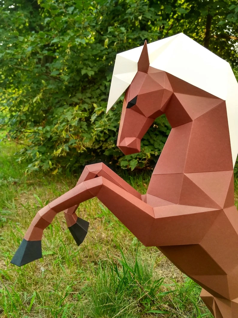 Papercraft 3D rearing HORSE Low Poly Paper Sculpture DIY gift Decor for home nursery office pepakura pattern template handmade kids animals