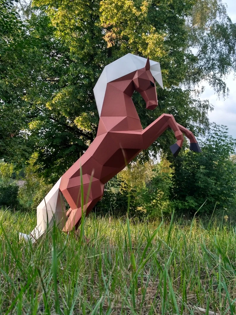 Papercraft 3D rearing HORSE Low Poly Paper Sculpture DIY gift Decor for home nursery office pepakura pattern template handmade kids animals