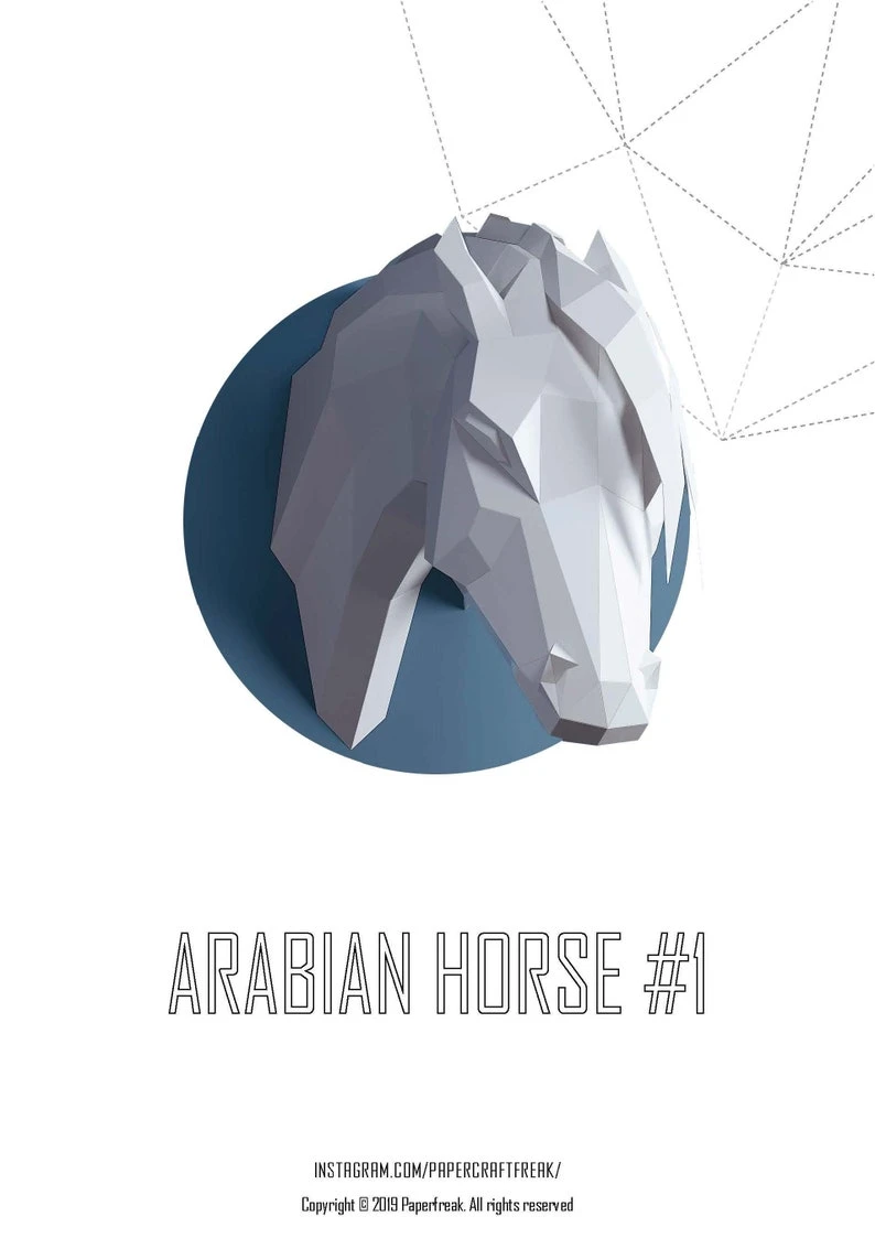 Papercraft 3D ARABIAN HORSE HEAD 1 Low Poly unicorn Paper Sculpture DiY gift wall Decor home nursery pepakura pattern template kids animals