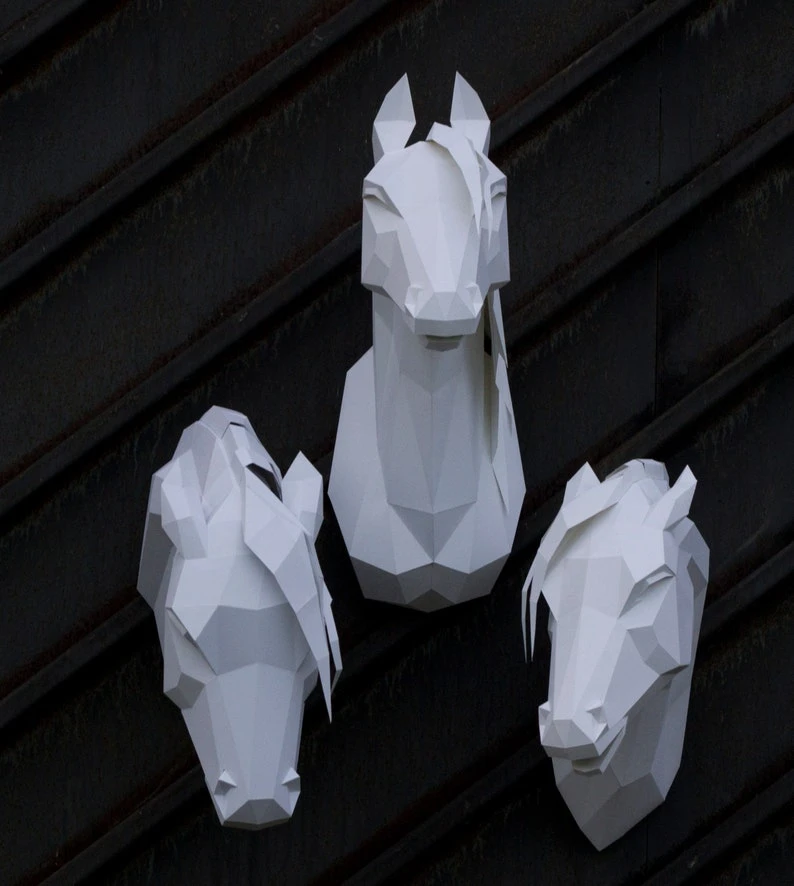 Papercraft 3D ARABIAN HORSE HEAD 3 Low Poly unicorn Paper Sculpture DiY gift wall Decor home nursery pepakura pattern template kids animals