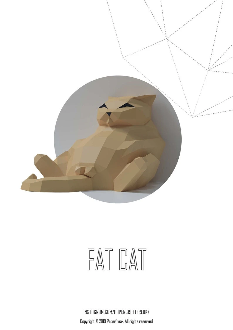 Papercraft 3D FAT CAT with balls sculpture pepakura gift cat lover low poly kitty DIY wall decor for loft home and office pattern template