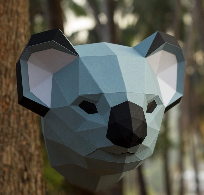 Papercraft 3D KOALA HEAD pepakura Low Poly Paper Sculpture DIY gift Decor for home and office pattern template animal trophy polygonal