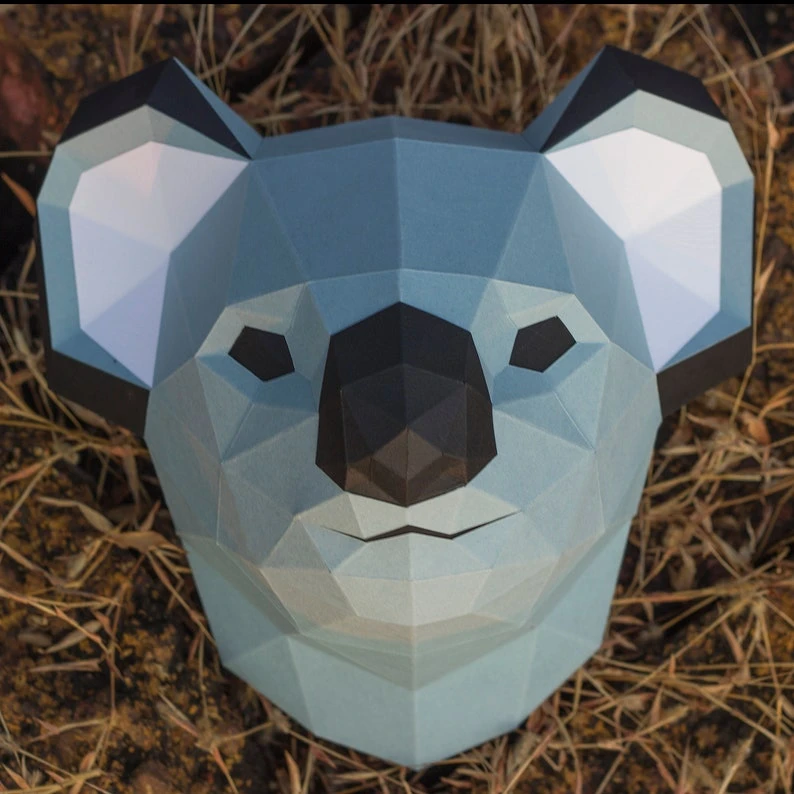 Papercraft 3D KOALA HEAD pepakura Low Poly Paper Sculpture DIY gift Decor for home and office pattern template animal trophy polygonal