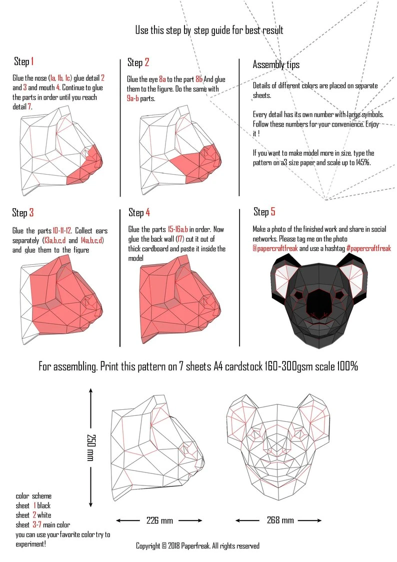 Papercraft 3D KOALA HEAD pepakura Low Poly Paper Sculpture DIY gift Decor for home and office pattern template animal trophy polygonal