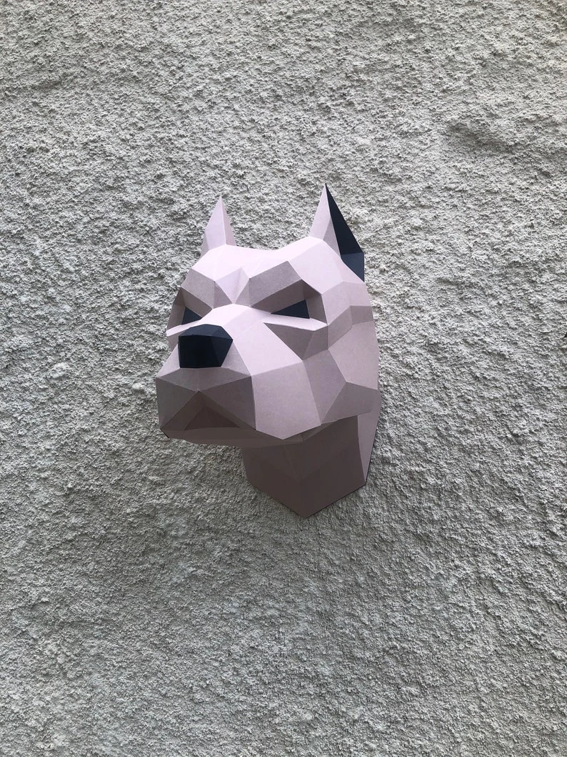 Papercraft 3d PITBULL DOG HEAD Low Poly Paper Sculpture DiY gift Decor Pug home office pepakura pattern template handmade animals art figure