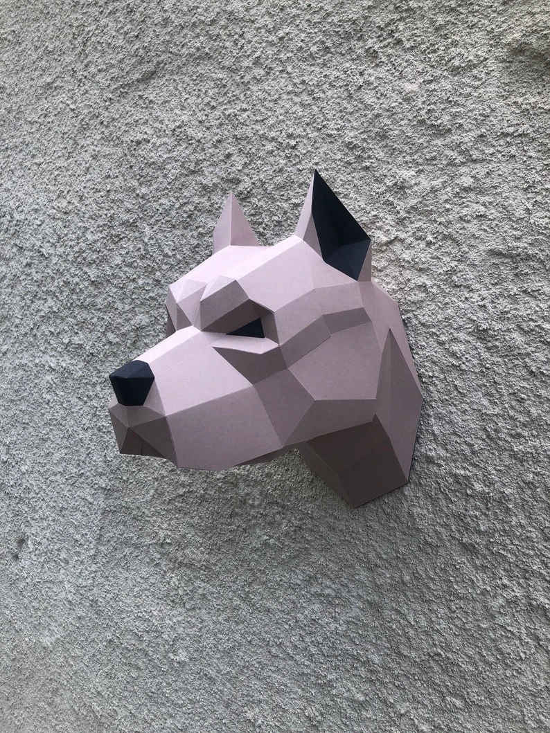 Papercraft 3d PITBULL DOG HEAD Low Poly Paper Sculpture DiY gift Decor Pug home office pepakura pattern template handmade animals art figure