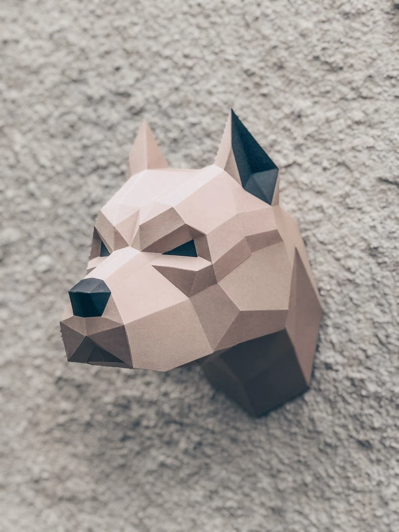 Papercraft 3d PITBULL DOG HEAD Low Poly Paper Sculpture DiY gift Decor Pug home office pepakura pattern template handmade animals art figure