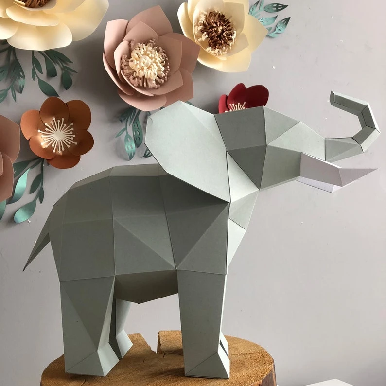 Papercraft 3D ELEPHANT SMALL Low Poly Paper Sculpture DIY gift Decor for home nursery office pepakura pattern template handmade kids animals