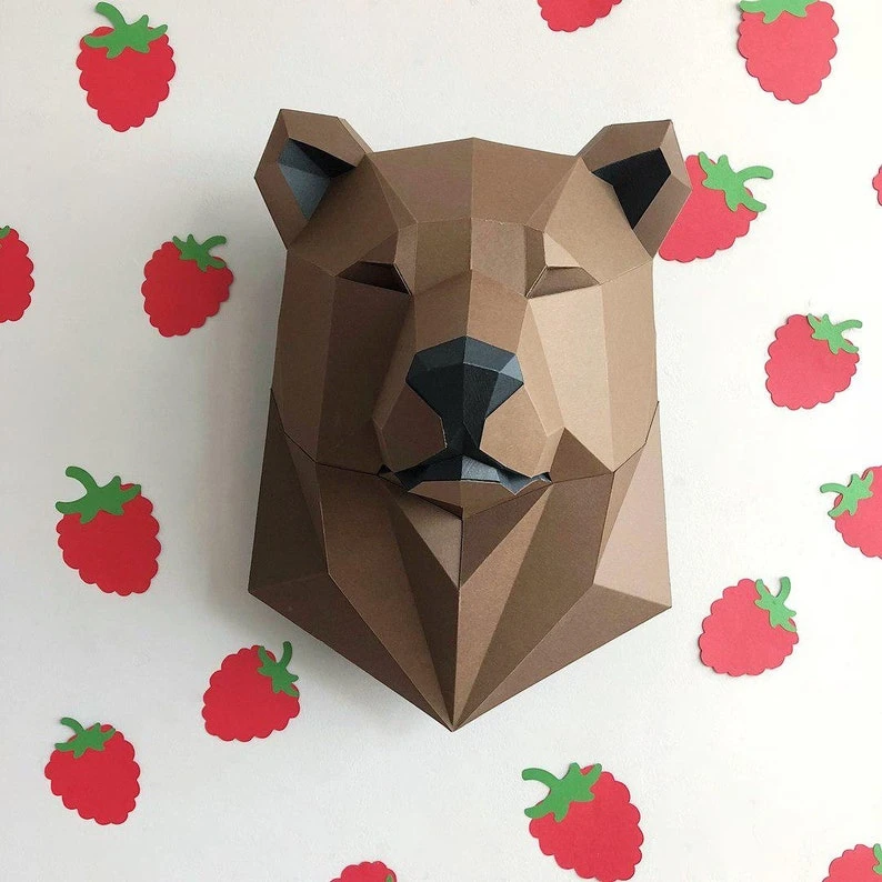 Papercraft 3D BEAR HEAD pepakura Low Poly Paper Sculpture DIY gift Decor for home and office pattern template animal trophy polygonal