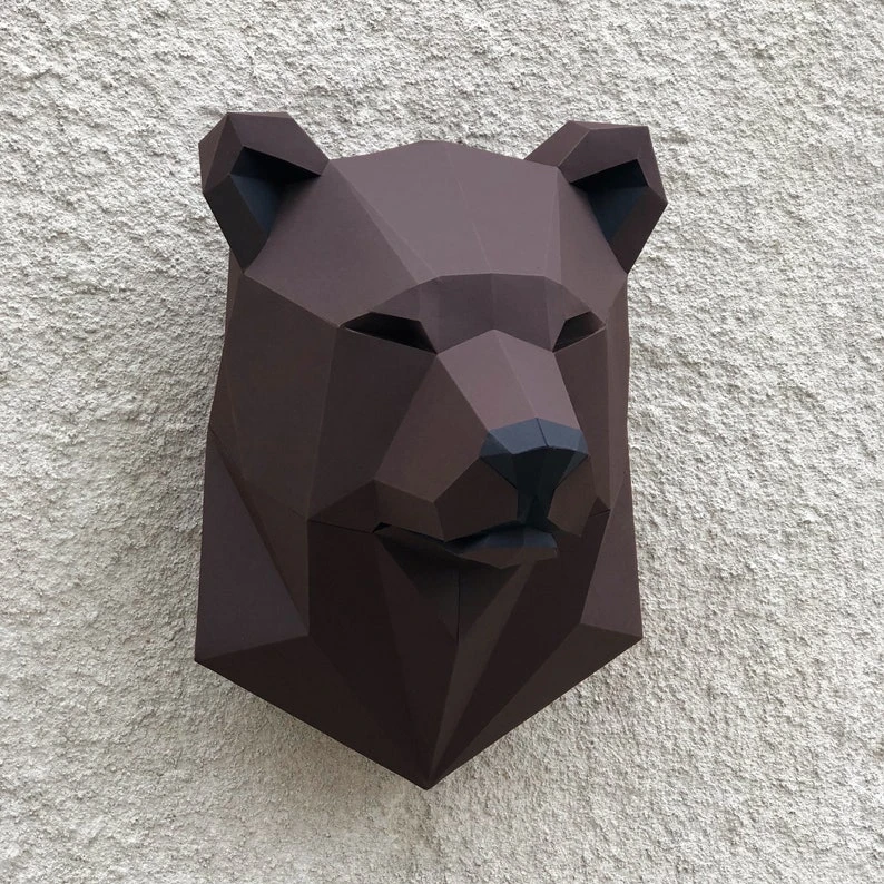 Papercraft 3D BEAR HEAD pepakura Low Poly Paper Sculpture DIY gift Decor for home and office pattern template animal trophy polygonal