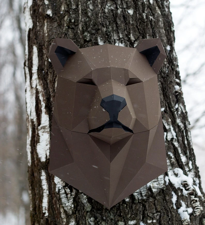 Papercraft 3D BEAR HEAD pepakura Low Poly Paper Sculpture DIY gift Decor for home and office pattern template animal trophy polygonal