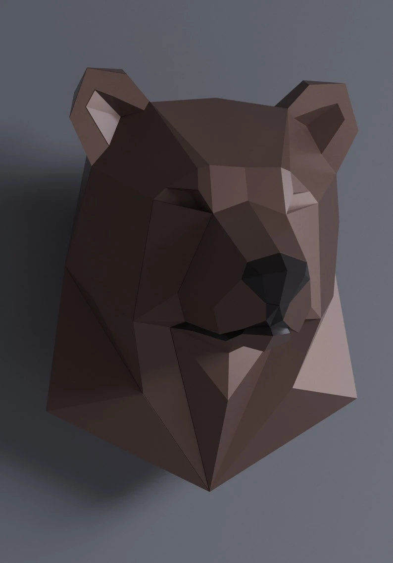 Papercraft 3D BEAR HEAD pepakura Low Poly Paper Sculpture DIY gift Decor for home and office pattern template animal trophy polygonal