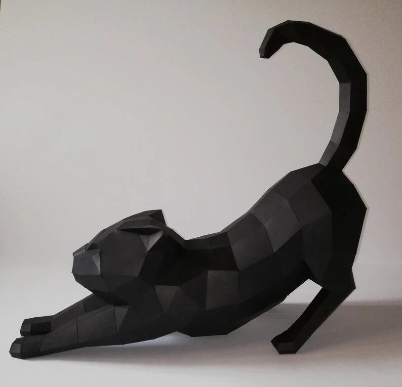 Papercraft 3D STRETCHING CAT sculpture pepakura gift for cat lover low poly kitty DIY wall decor for loft home and office pattern template