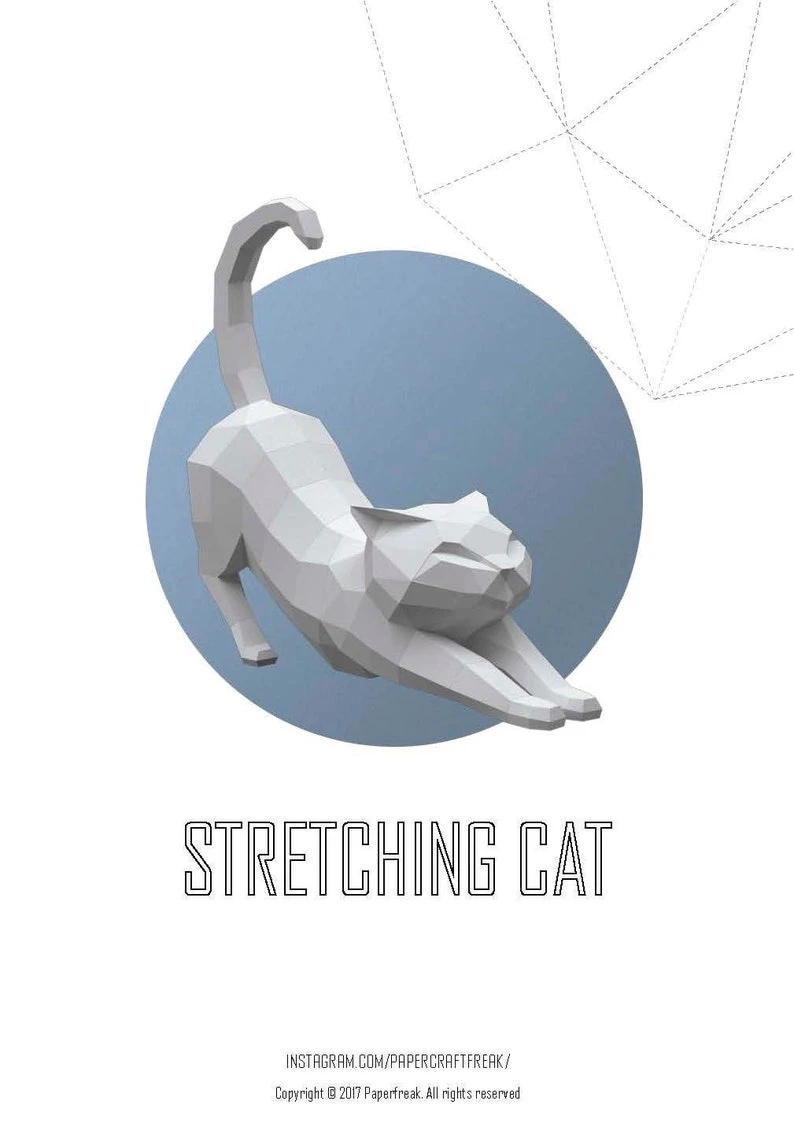 Papercraft 3D STRETCHING CAT sculpture pepakura gift for cat lover low poly kitty DIY wall decor for loft home and office pattern template