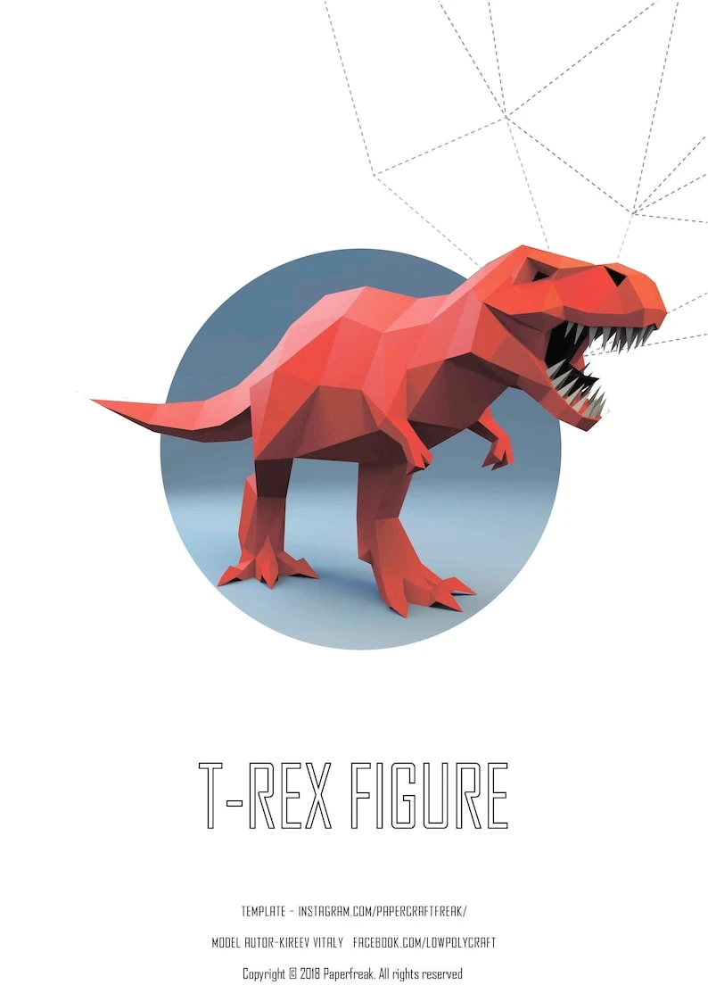 Papercraft dinosaur T-REX TYRANNOSAURUS 3D Low Poly Paper sculpture DIY gift Decor for home & office pepakura pattern template jurassic park