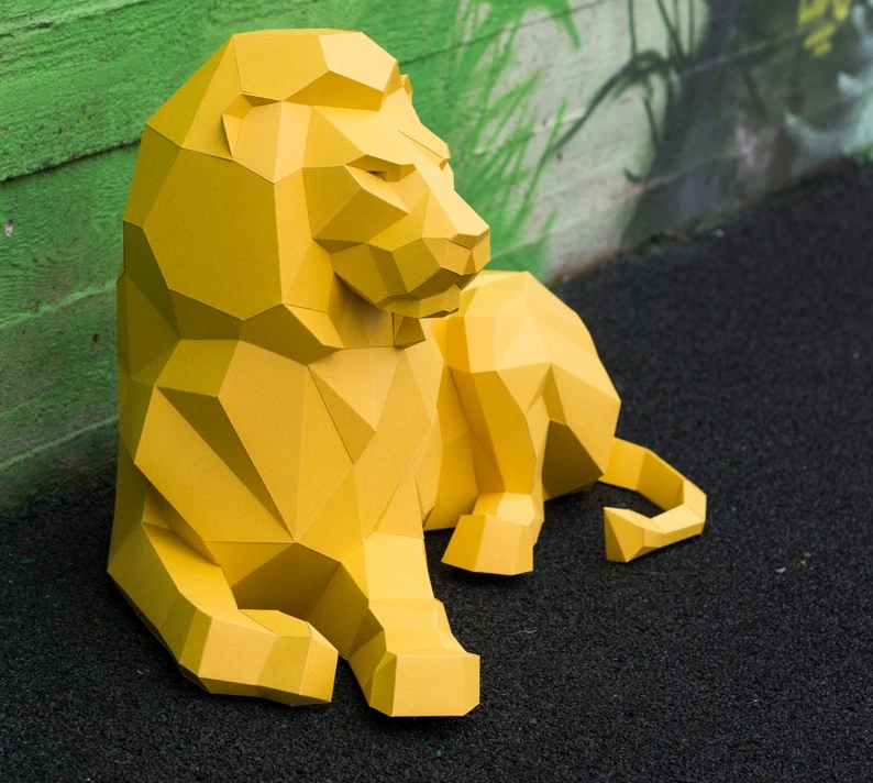 Papercraft 3D BIG LYING LION Low Poly Paper Sculpture DIy gift Decor for home loft and office pepakura pattern template animal polygonal art