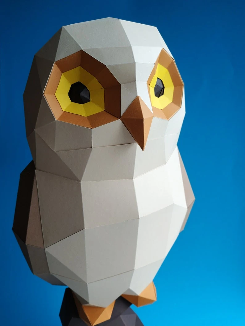 Papercraft 3D OWL on BRANCH bird pepakura PDF template Low Poly Paper Sculpture Diy gift wedding Decor for home and office pattern polygonal