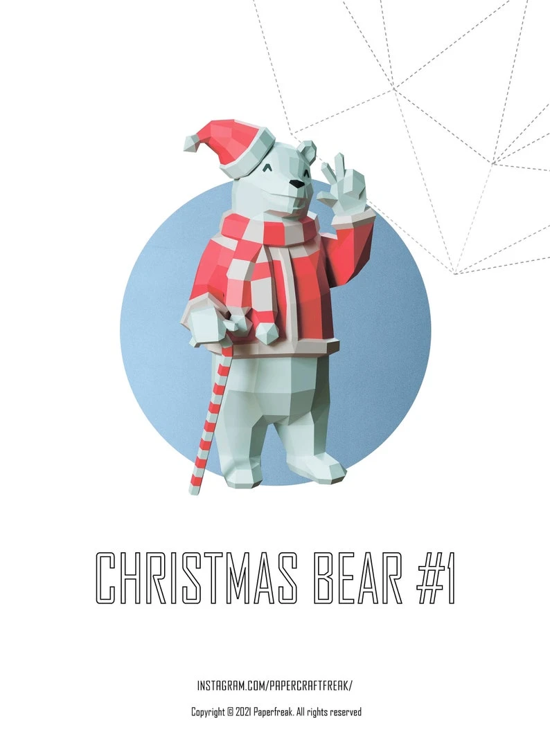 Papercraft 3D CHRISTMAS BEAR pepakura pdf template Low Poly Paper Sculpture DIY gift Decor for home office nursery pattern polygonal animals