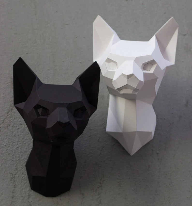 Papercraft 3D SPHYNX CAT HEAD sculpture pepakura gift for cat lover low poly sitting kitty DiY wall decor loft home office pattern template