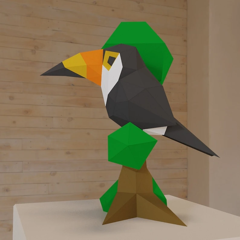 3D Low Poly Toucan in Tree DIY | Printable Papercraft | Unique Geometric Decoration | Original Gift | Relaxing Craft | PDF model