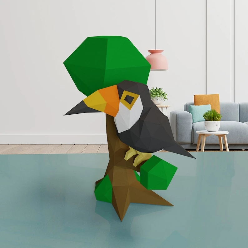 3D Low Poly Toucan in Tree DIY | Printable Papercraft | Unique Geometric Decoration | Original Gift | Relaxing Craft | PDF model